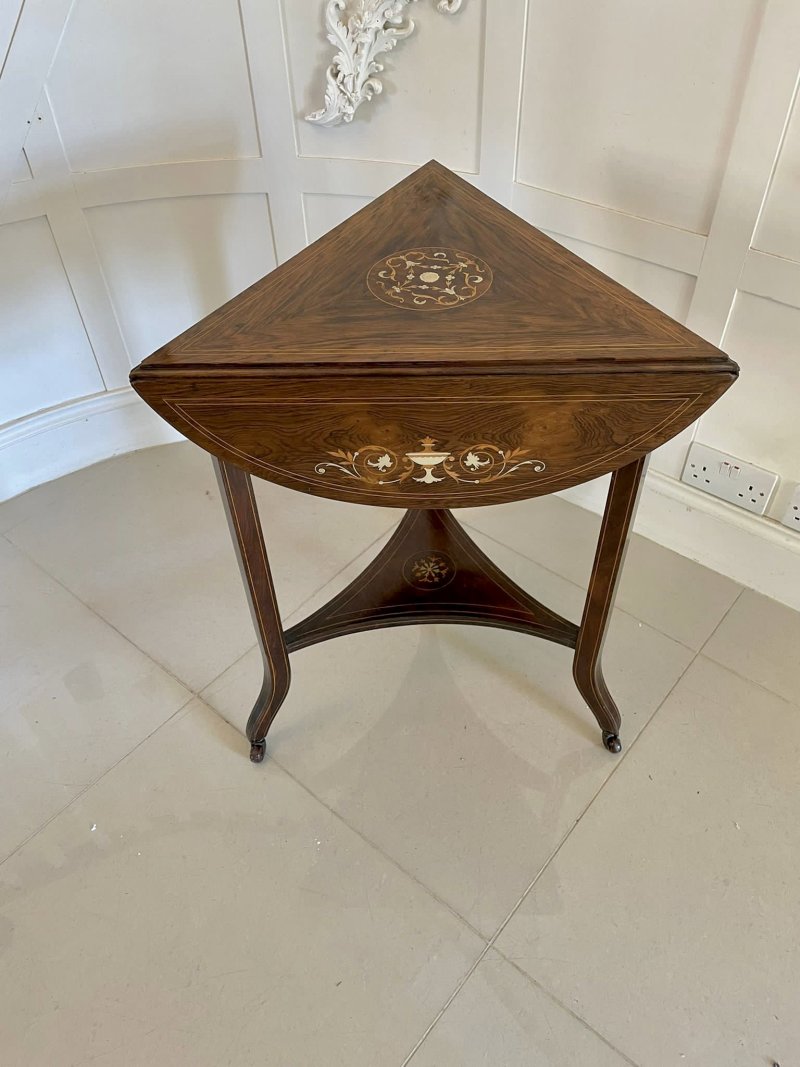 Unusual Antique Edwardian Quality Rosewood Inlaid Drop Leaf Centre Table - Image 2